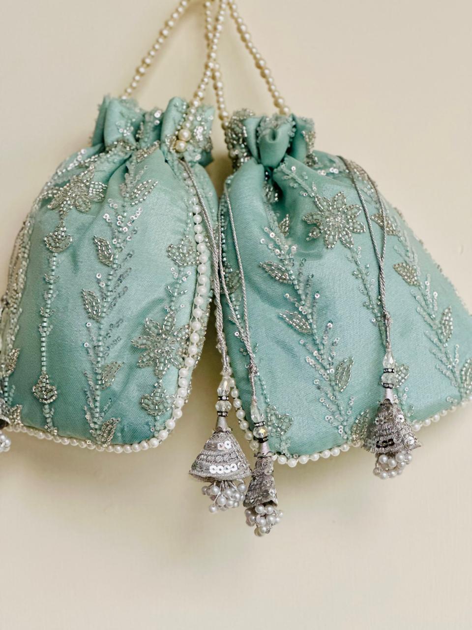 Zaiba: Mint Green Floral Beadwork Potli with Pearl Border
