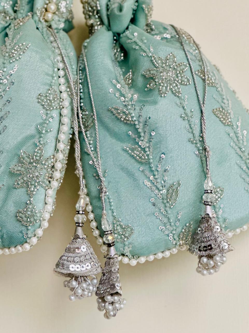 Zaiba: Mint Green Floral Beadwork Potli with Pearl Border