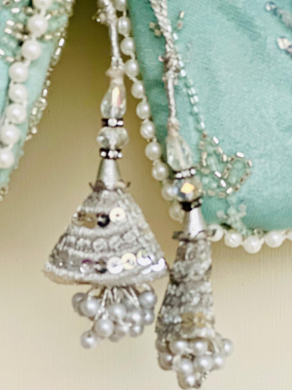 Zaiba: Mint Green Floral Beadwork Potli with Pearl Border