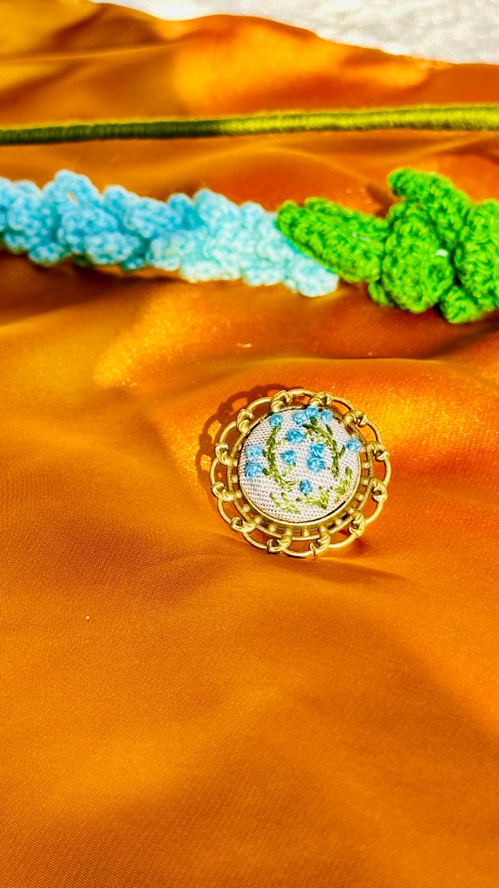 Hand-Embroidered Floral Ring - Blue Forget-Me-Not Miniature Needlework Jewelry - Vintage Style Adjustable Gold Filigree Ring