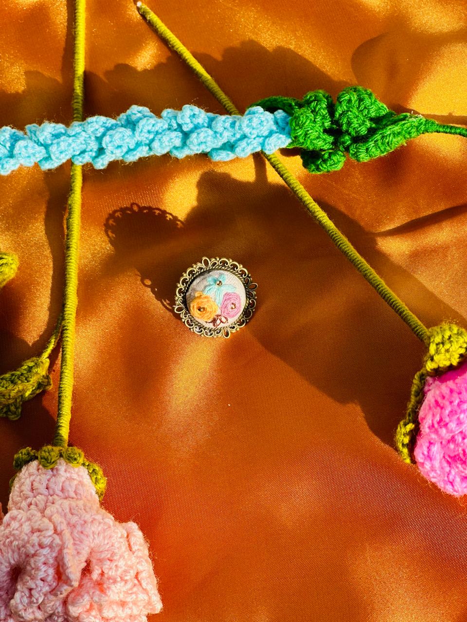 Handmade Floral Embroidery Ring - Colorful Wildflower Needlework Jewelry - Antique Bronze Adjustable Filigree Ring