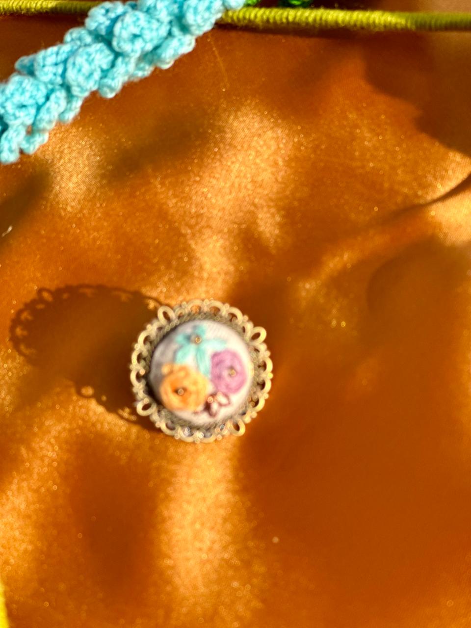 Handmade Floral Embroidery Ring - Colorful Wildflower Needlework Jewelry - Antique Bronze Adjustable Filigree Ring