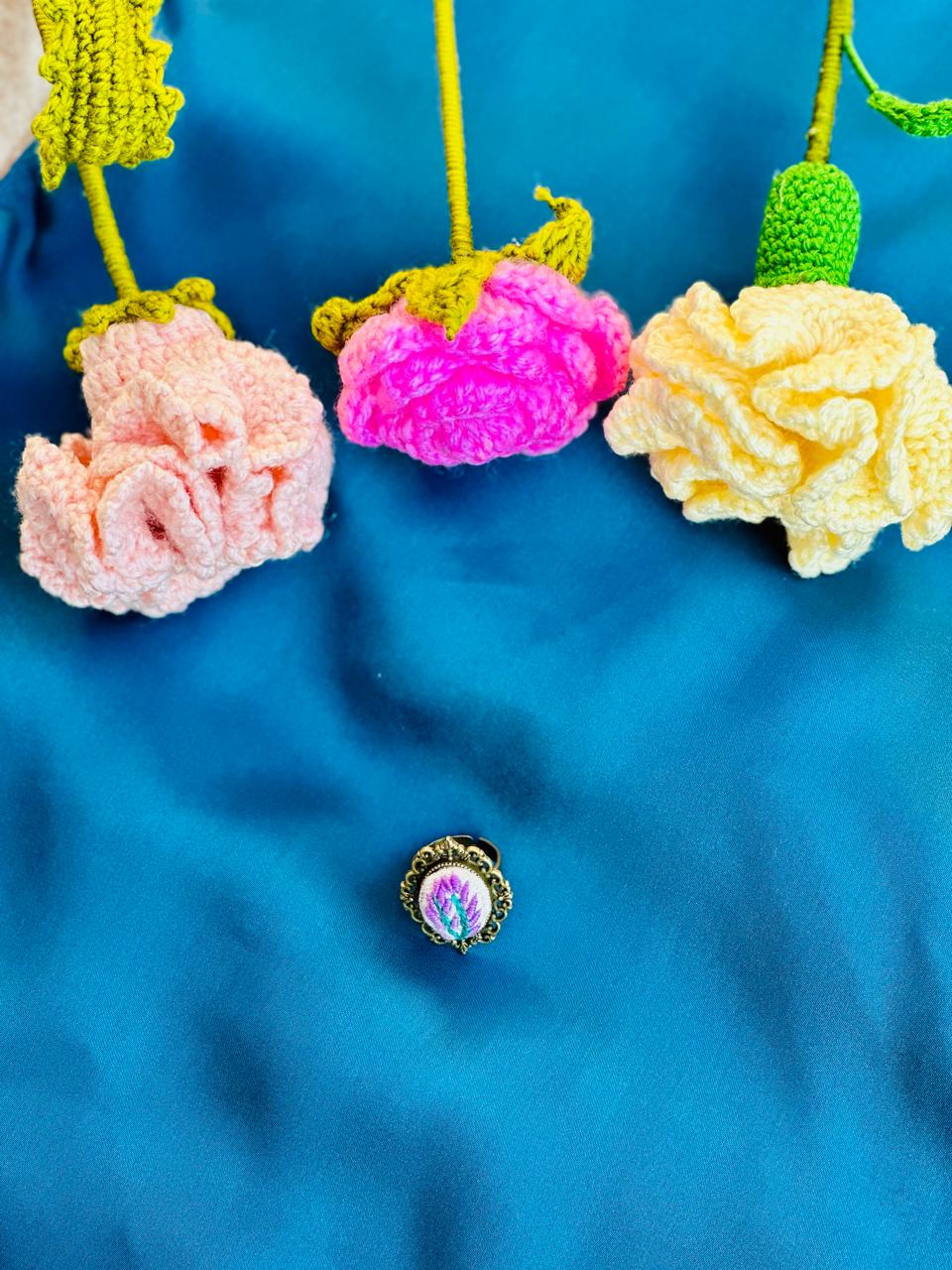 Hand-Embroidered Fuchsia Floral Ring - Vintage Gold Filigree Cameo Jewelry - Miniature Needlework Statement Ring - Adjustable Botanical Artisan Gift