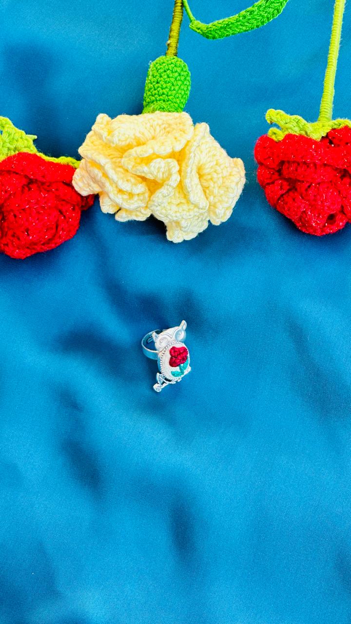 Hand-Embroidered Owl Ring - Red Rose Miniature Needlework Jewelry - Whimsical Silver Owl Statement Ring - Adjustable Nature-Inspired Artisan Gift