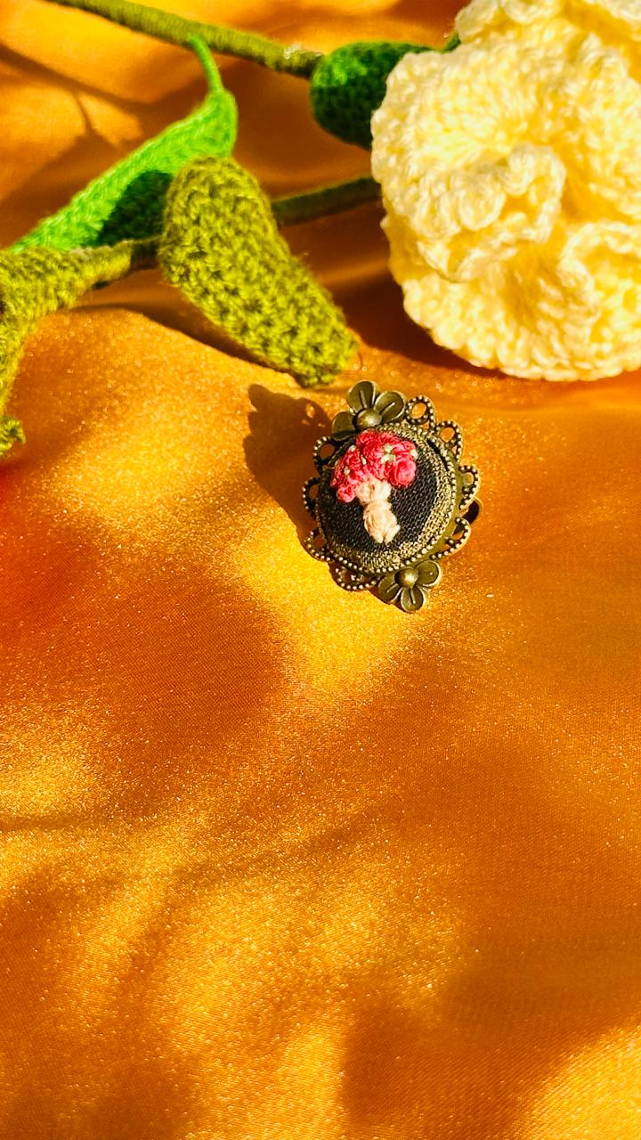 Hand-Embroidered Mushroom Ring - Red Toadstool Nature Jewelry - Dark Academia Botanical Embroidery - Adjustable Bronze Filigree Ring