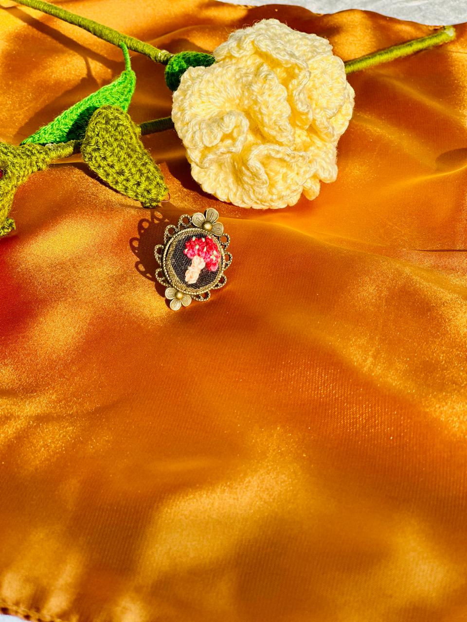 Hand-Embroidered Mushroom Ring - Red Toadstool Nature Jewelry - Dark Academia Botanical Embroidery - Adjustable Bronze Filigree Ring