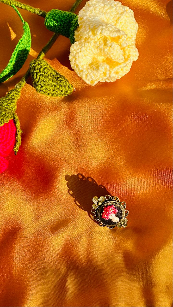 Hand-Embroidered Mushroom Ring - Red Toadstool Nature Jewelry - Dark Academia Botanical Embroidery - Adjustable Bronze Filigree Ring