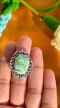 Hand-Embroidered Mint Floral Ring - Silver Filigree Cameo Jewelry - Pastel Green Needlework Statement Ring - Adjustable Artisan Gift