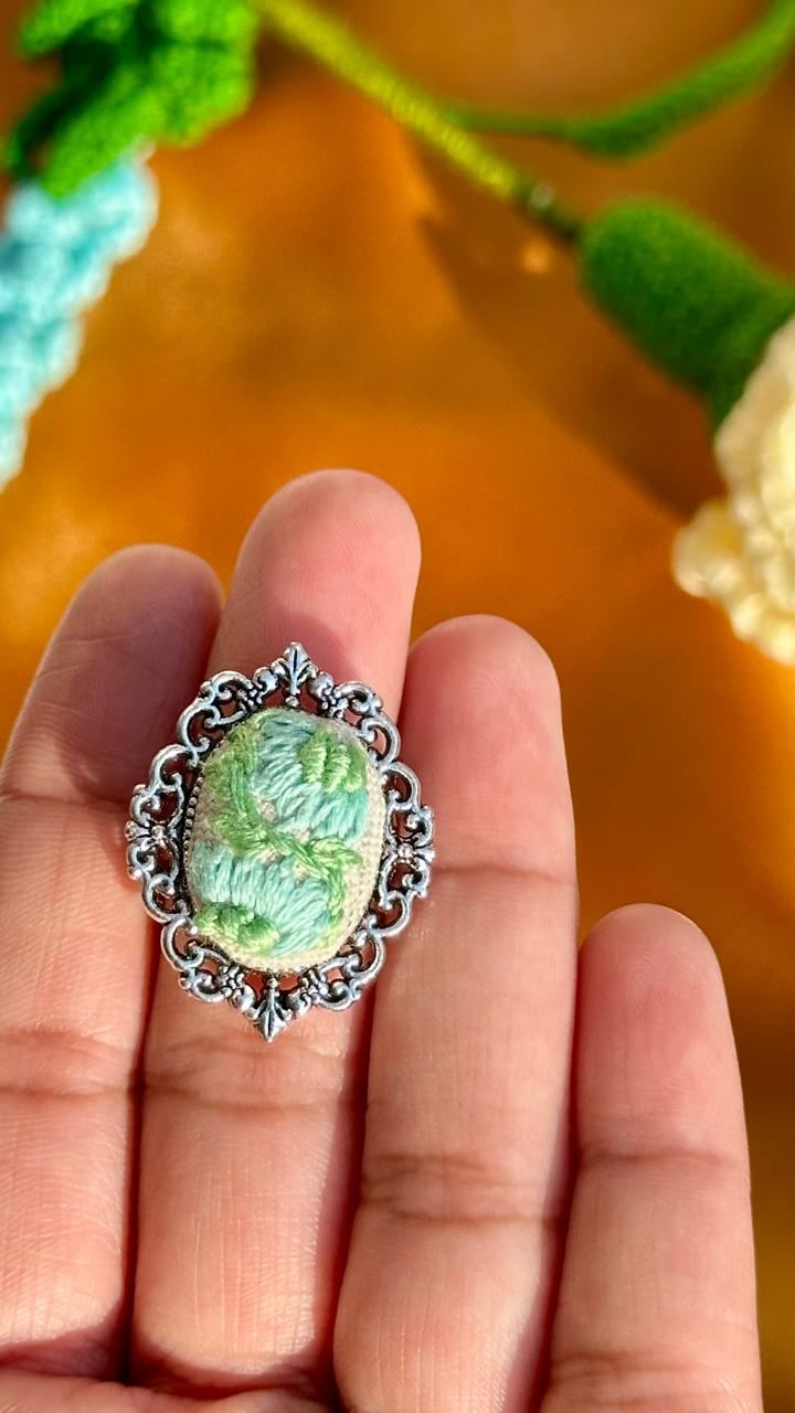 Hand-Embroidered Mint Floral Ring - Silver Filigree Cameo Jewelry - Pastel Green Needlework Statement Ring - Adjustable Artisan Gift