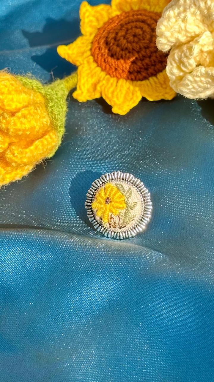 Hand-Embroidered Yellow Flower Ring - Silver Ribbed Sunburst Jewelry - Miniature Sunflower Needlework Ring - Adjustable Botanical Statement Jewelry