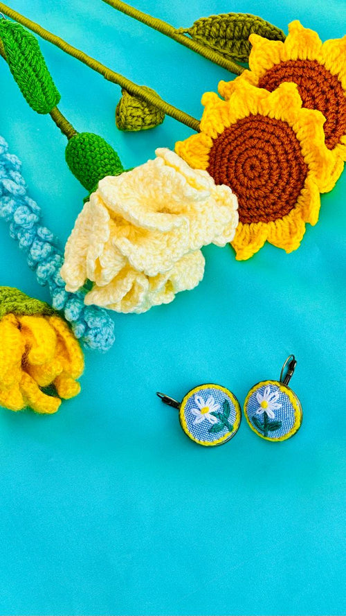 Embroidery Earrings on Blue Fabric - Hand Stitched Flower Jewelry - Whimsical Summer Botanical Earrings