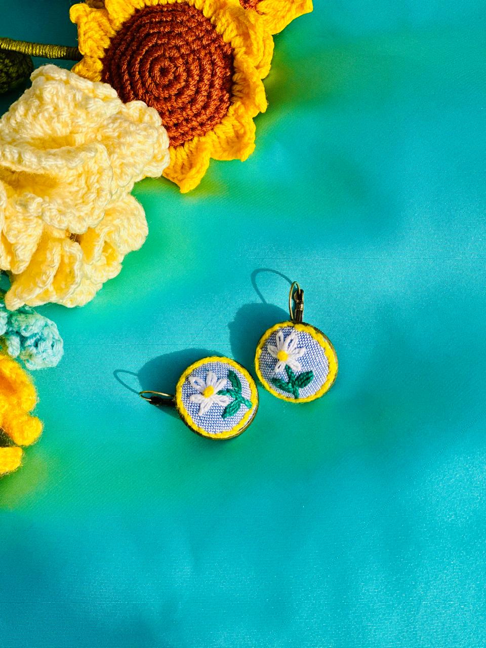Embroidery Earrings on Blue Fabric - Hand Stitched Flower Jewelry - Whimsical Summer Botanical Earrings