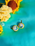 Embroidery Earrings on Blue Fabric - Hand Stitched Flower Jewelry - Whimsical Summer Botanical Earrings