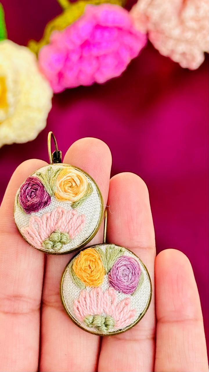 Hand Embroidered Floral Earrings - Multi-Color Pastel Flower Jewelry - Artisanal Botanical Drop Earrings