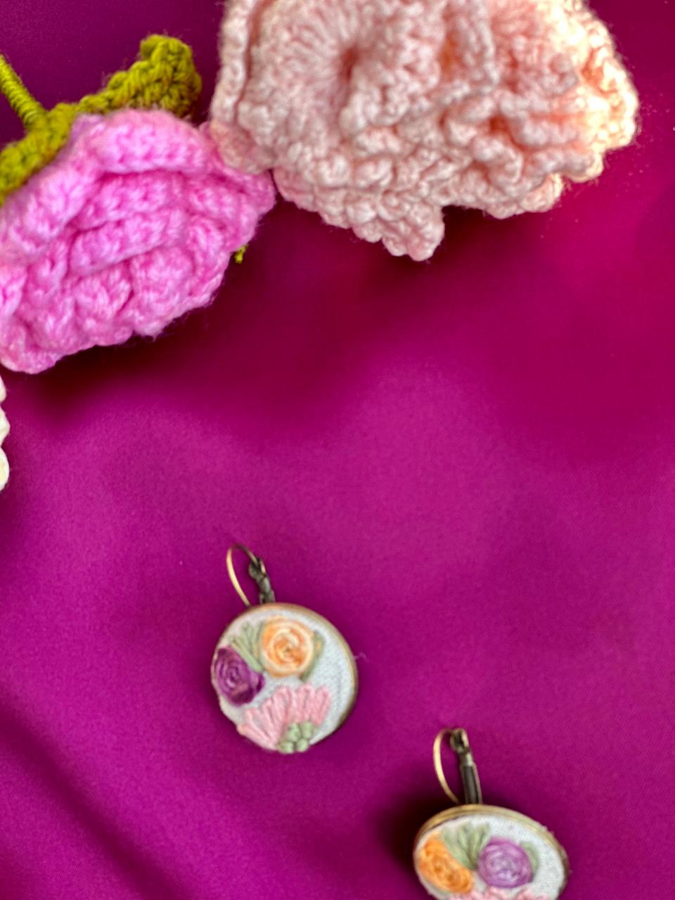 Hand Embroidered Floral Earrings - Multi-Color Pastel Flower Jewelry - Artisanal Botanical Drop Earrings