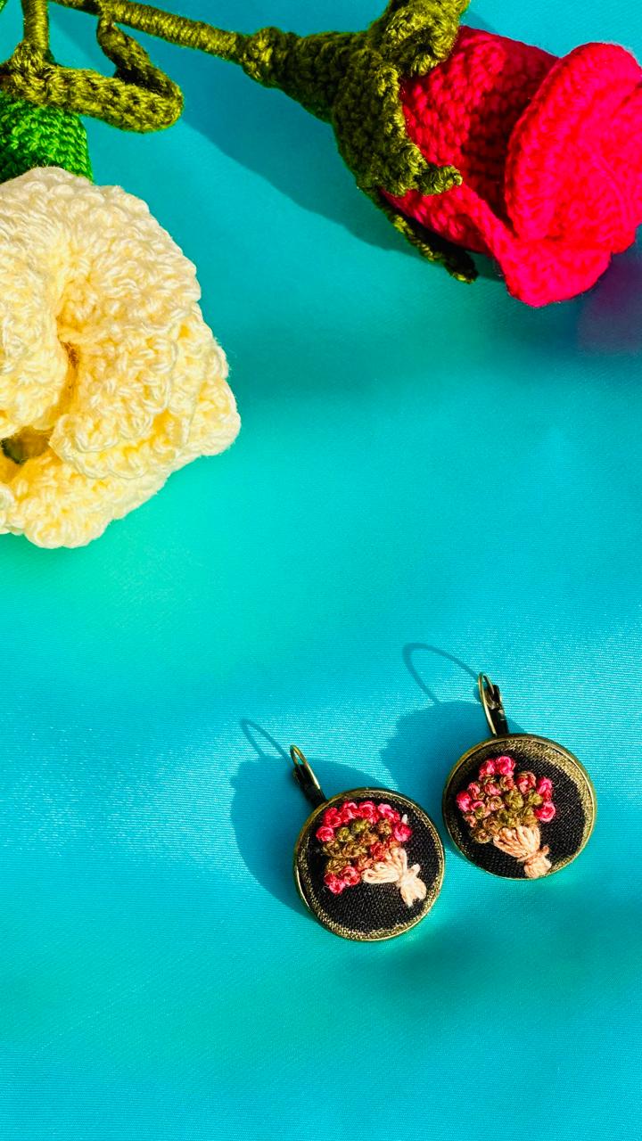 Hand Embroidered Floral Bouquet Earrings - Vintage Style Black Fabric Jewelry - Romantic Flower Drop Earrings