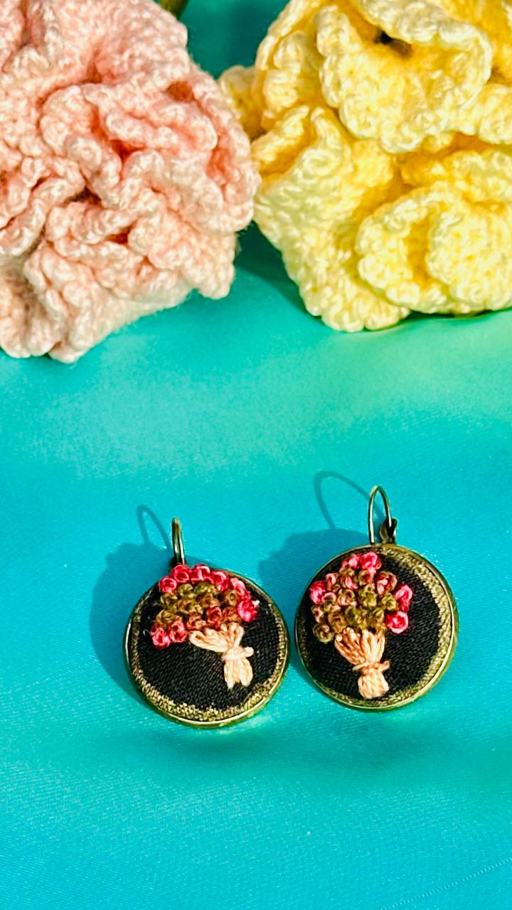 Hand Embroidered Floral Bouquet Earrings - Vintage Style Black Fabric Jewelry - Romantic Flower Drop Earrings