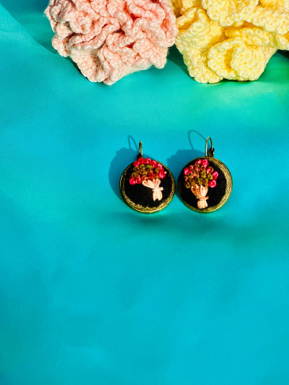 Hand Embroidered Floral Bouquet Earrings - Vintage Style Black Fabric Jewelry - Romantic Flower Drop Earrings