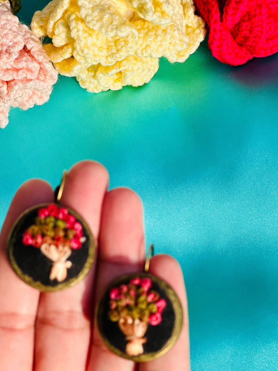 Hand Embroidered Floral Bouquet Earrings - Vintage Style Black Fabric Jewelry - Romantic Flower Drop Earrings