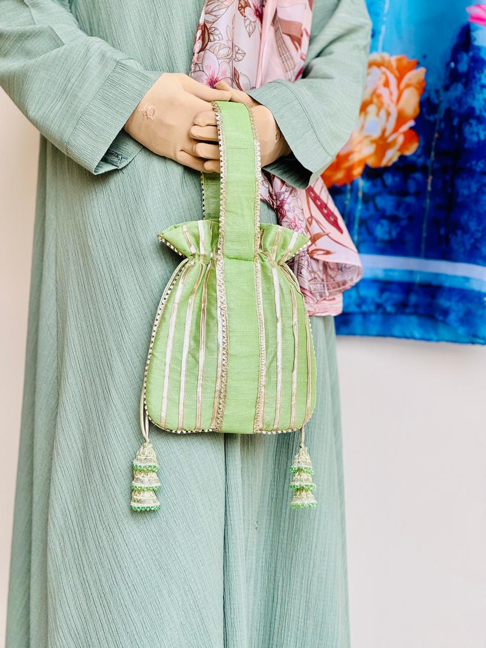 Shabnam: Lime Green Zari Gota Patti Wedding Clutch