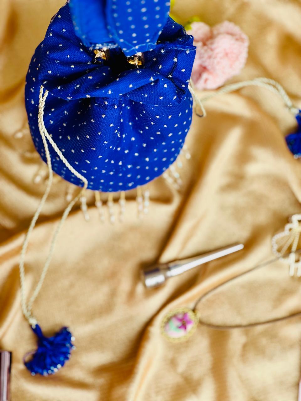 Neelofer: Royal Blue Net Potli with Gold Bead Fringe