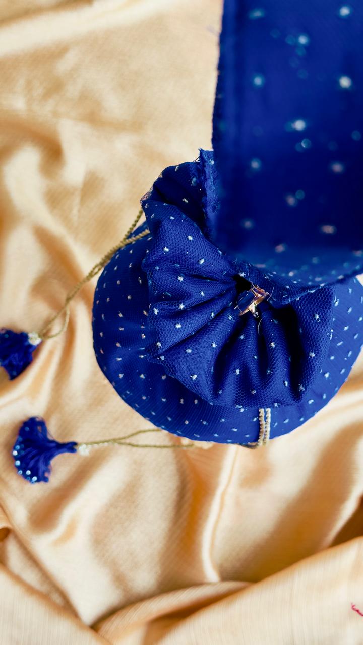 Neelofer: Royal Blue Net Potli with Gold Bead Fringe