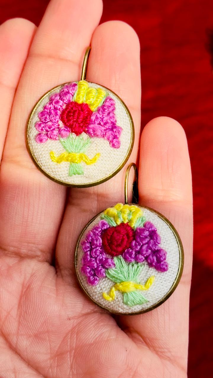 Hand-Embroidered Floral Earrings | French Knot Flower Bouquet Jewelry | Handmade Boho Dangle Earrings for Women