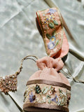 Mah-e-Zar: Pink Net Potli with Floral Appliqué & Tassels