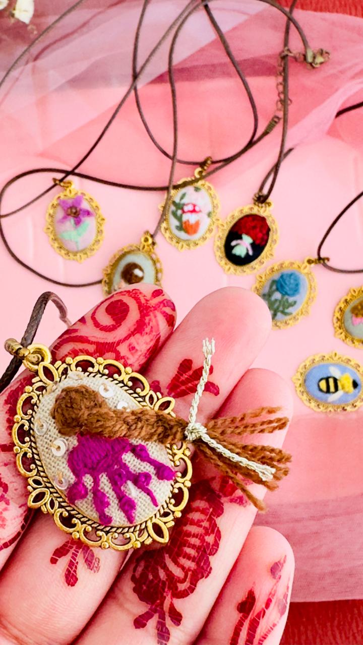 Rapunzel Hand-Embroidered Braid Pendant – Fairytale Inspired Gold Cameo Necklace
