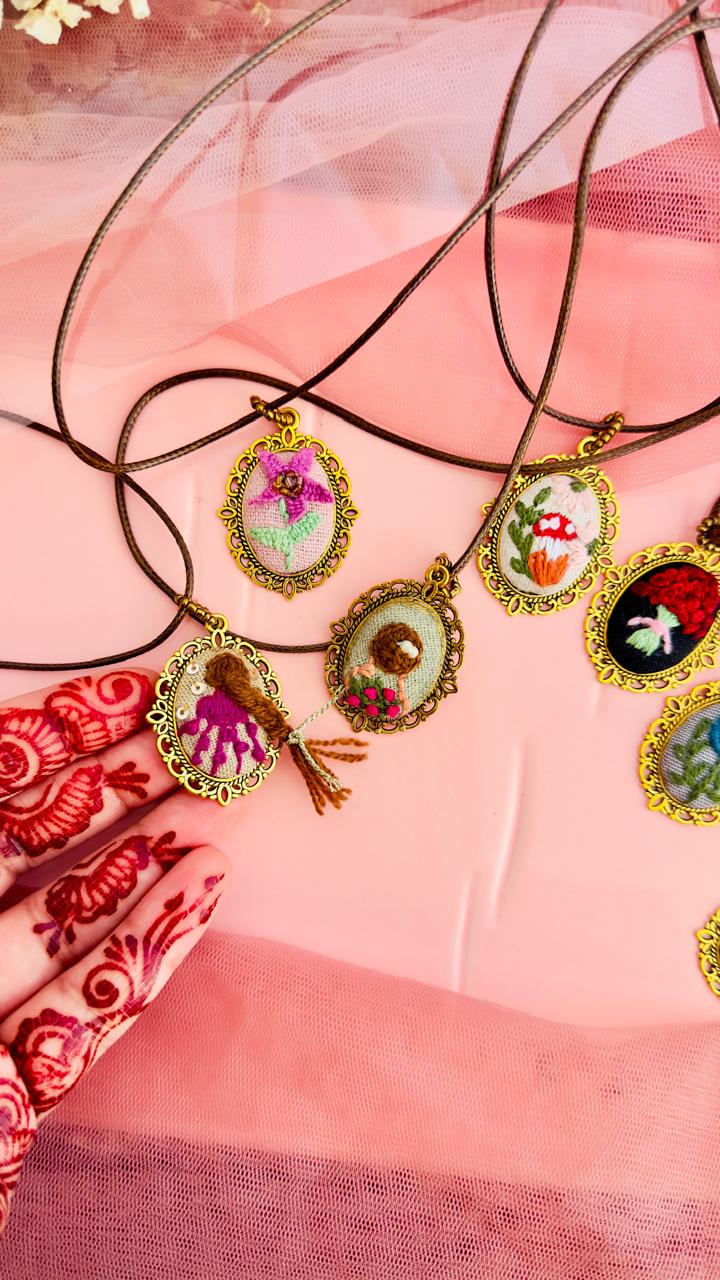 Rapunzel Hand-Embroidered Braid Pendant – Fairytale Inspired Gold Cameo Necklace