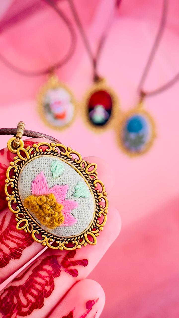 Hand Embroidered Flower Pendant – 3D Pink Floral Necklace – Vintage Bronze Framed Miniature Art