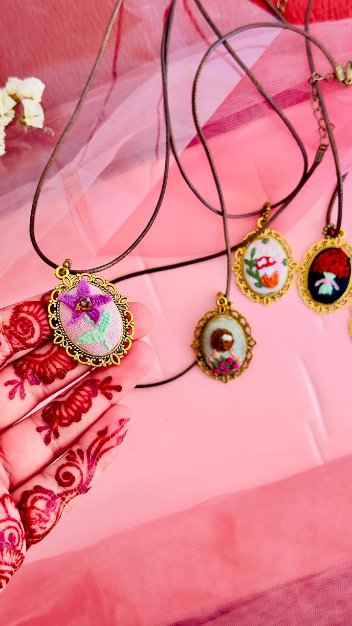 Hand Embroidered Flower Pendant - Vintage Style Gold Filigree Necklace - Pink Floral Miniature Textile Jewelry - Unique Gift for Her