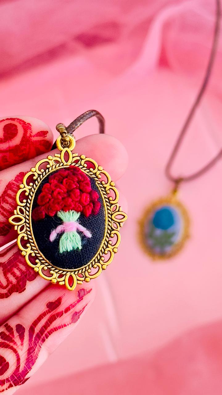 Hand Embroidered Red Rose Pendant - Vintage Style Black & Gold Filigree Necklace - Miniature Bouquet Textile Jewelry - Romantic Gothic Gift for Her