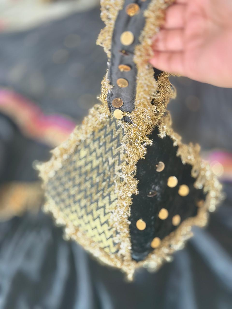Surmai: Black & Gold Chevron Hand-Embellished Potli