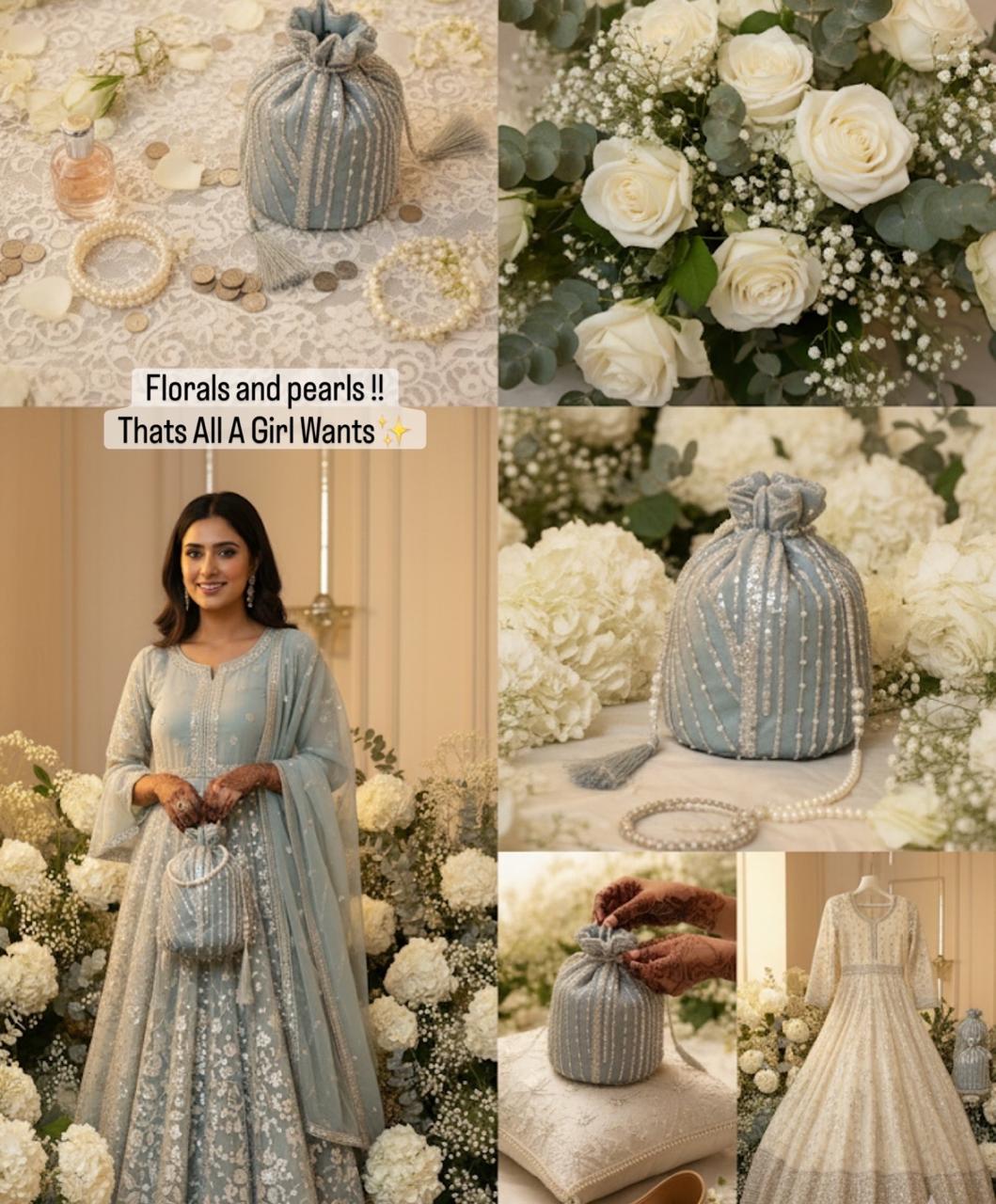 Dur e Adan: Mint Green Pearl & Sequin Bridal Potli