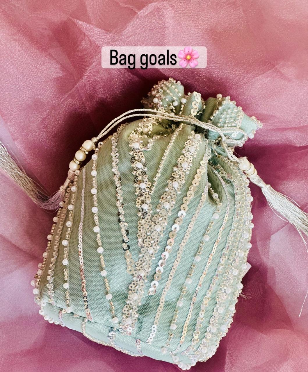 Dur e Adan: Mint Green Pearl & Sequin Bridal Potli