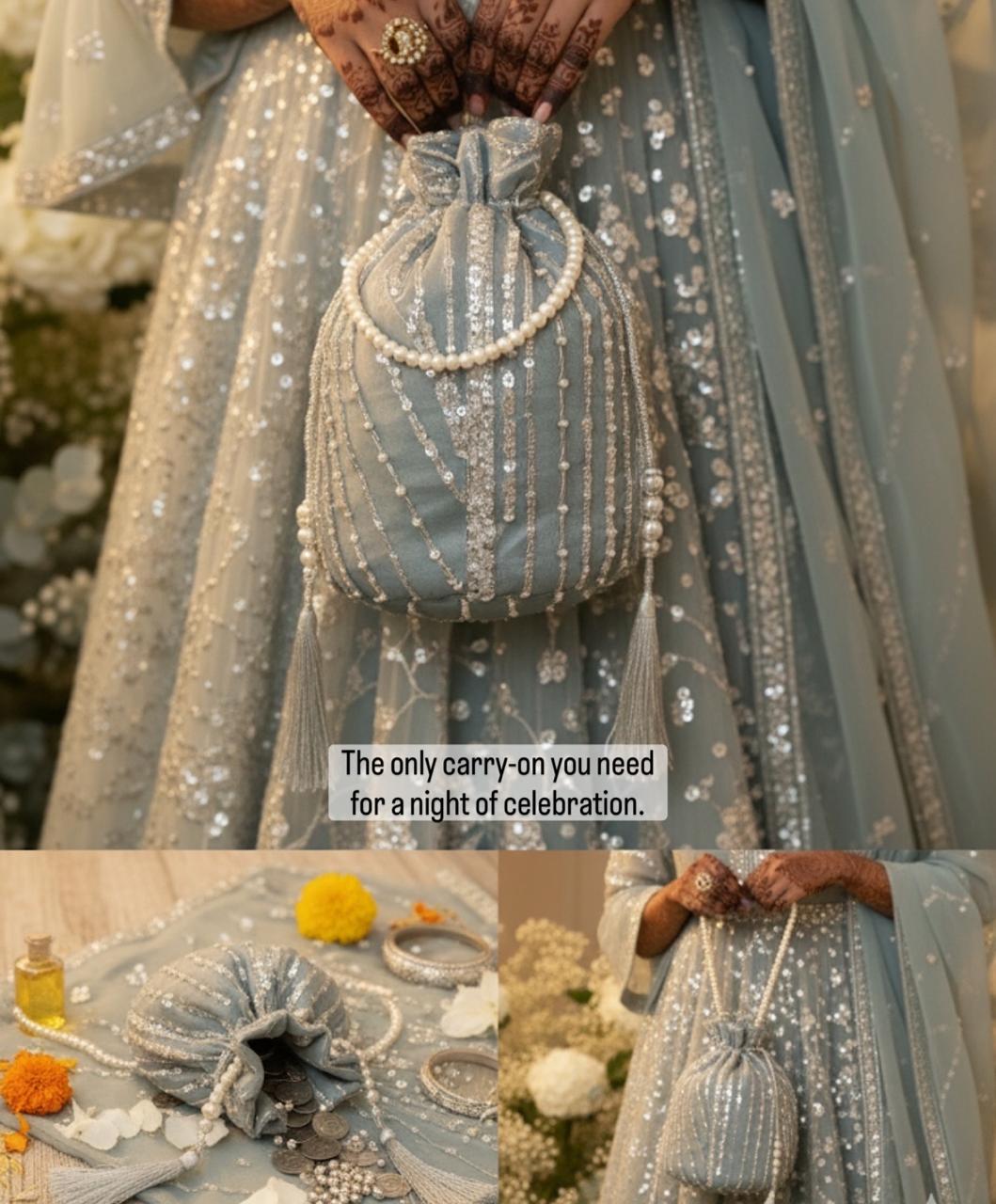Dur e Adan: Mint Green Pearl & Sequin Bridal Potli