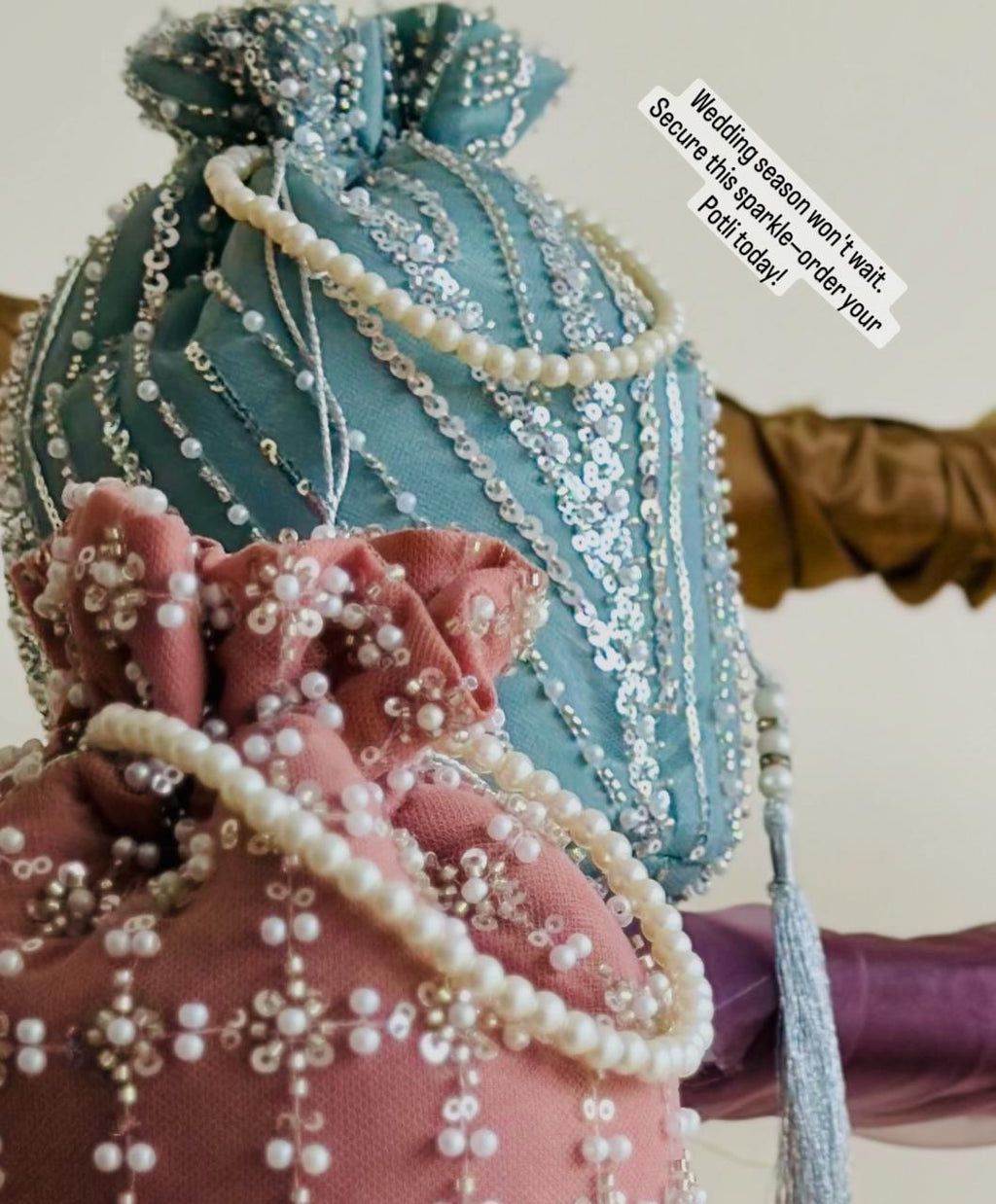 Dur e Adan: Mint Green Pearl & Sequin Bridal Potli