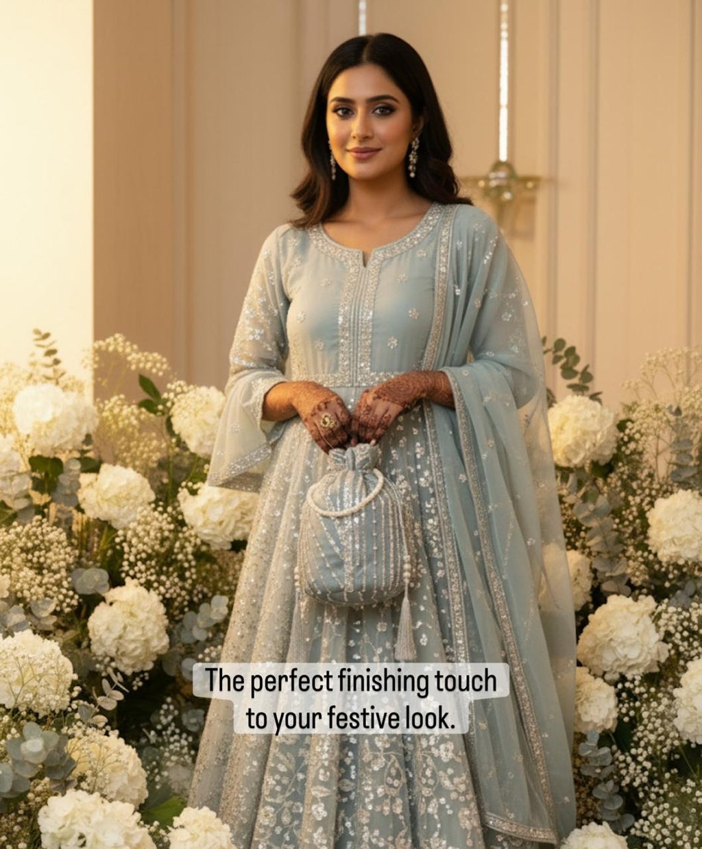 Dur e Adan: Mint Green Pearl & Sequin Bridal Potli