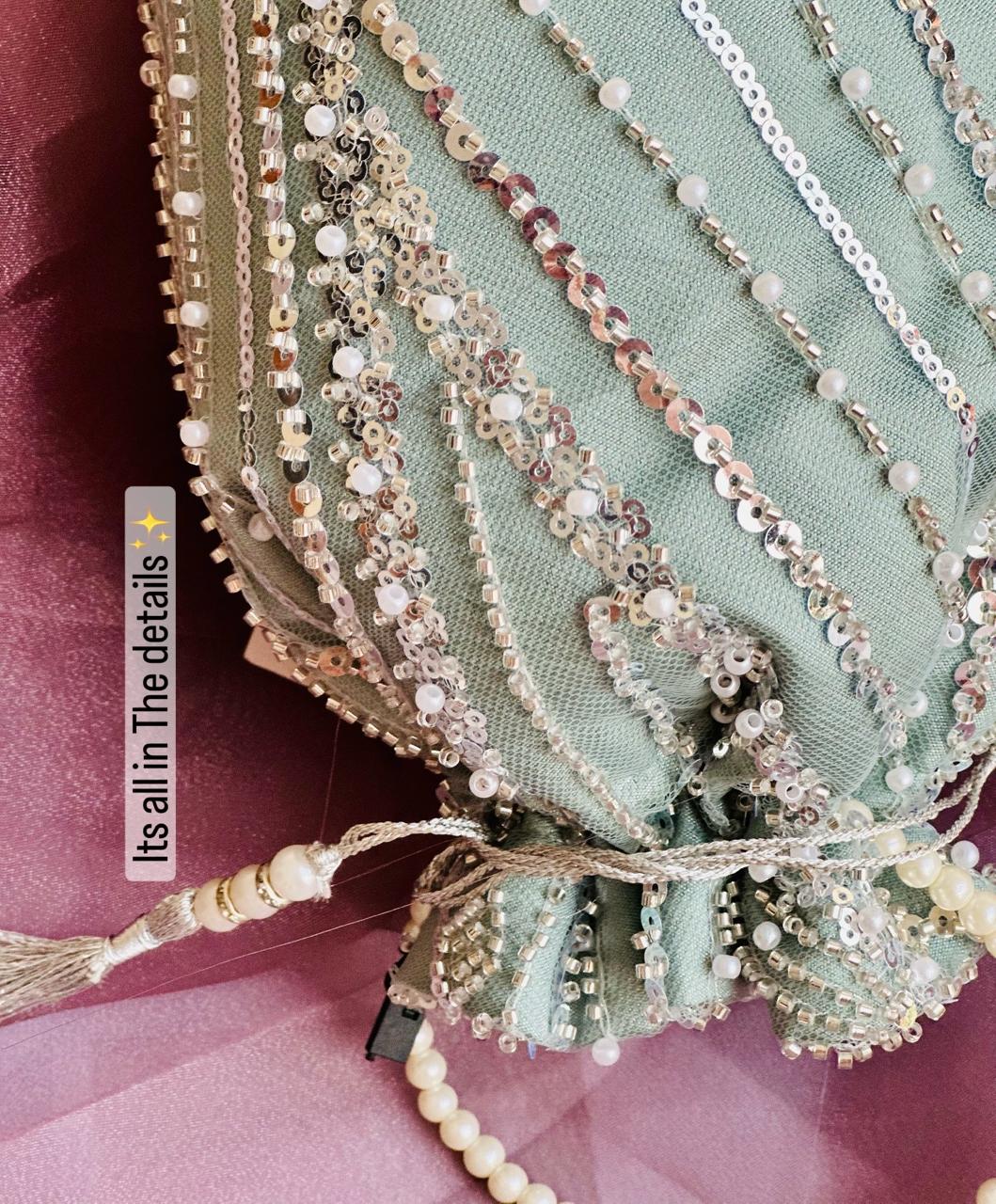 Dur e Adan: Mint Green Pearl & Sequin Bridal Potli
