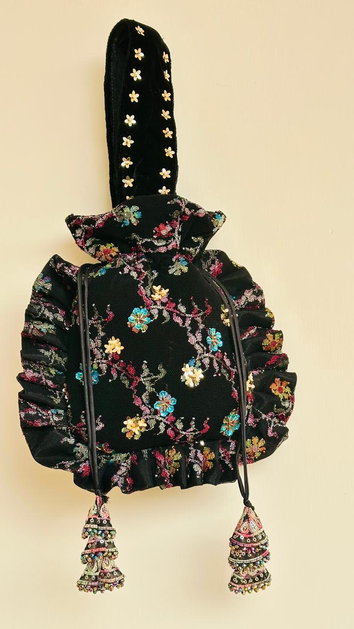 Arjumand: Black Velvet & Net Hand-Embellished Floral Potli