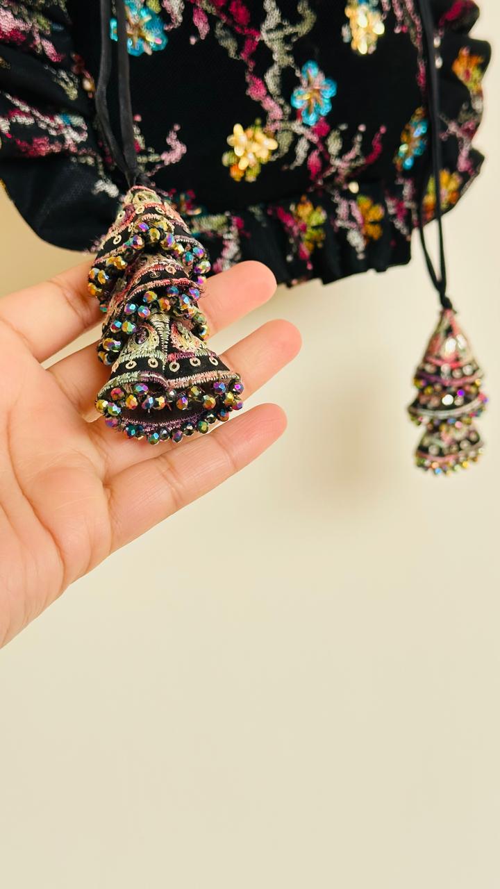 Arjumand: Black Velvet & Net Hand-Embellished Floral Potli