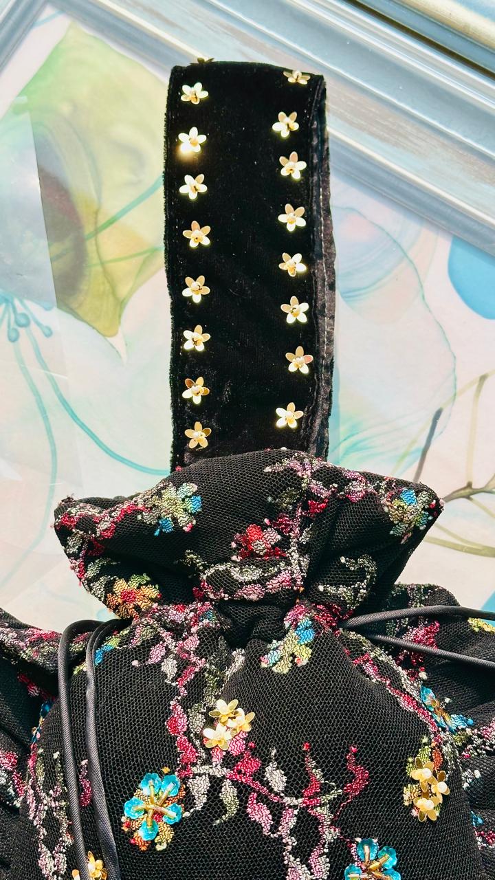 Arjumand: Black Velvet & Net Hand-Embellished Floral Potli