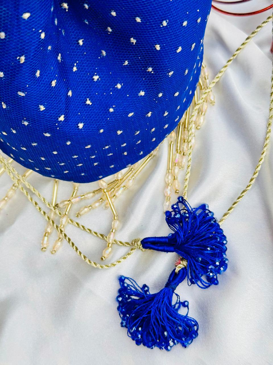 Neelofer: Royal Blue Net Potli with Gold Bead Fringe