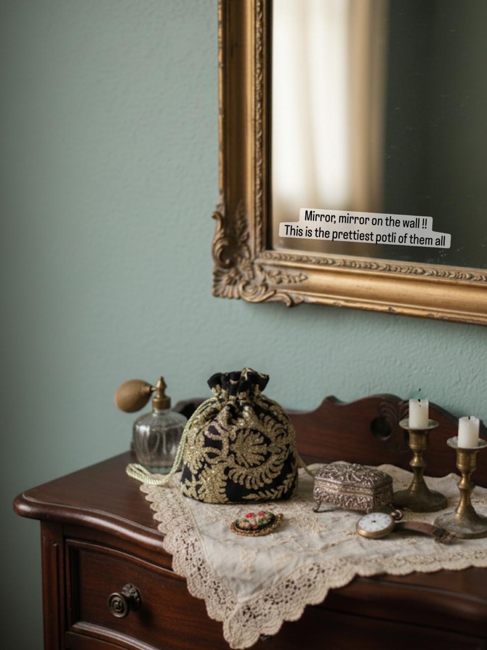 Tamkenat: Regal Black & Antique Gold Handmade Net Potli