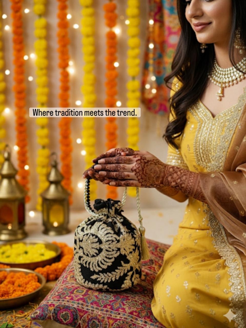 Tamkenat: Regal Black & Antique Gold Handmade Net Potli