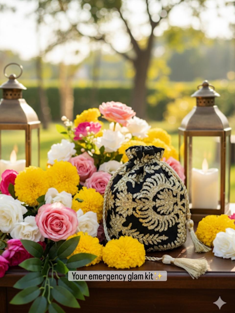 Tamkenat: Regal Black & Antique Gold Handmade Net Potli
