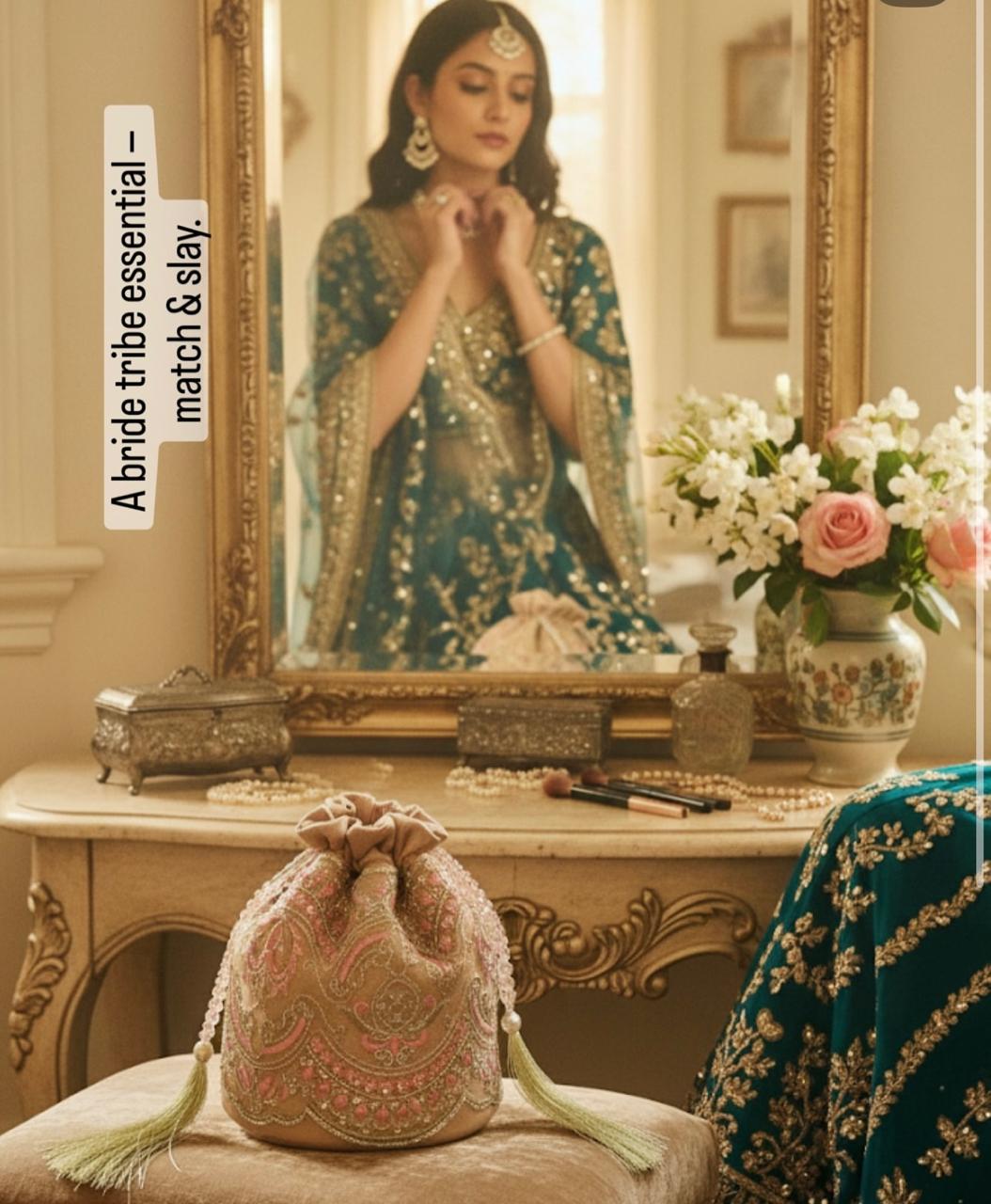Zohra: Blush Beige Net Potli with Pink Embroidery