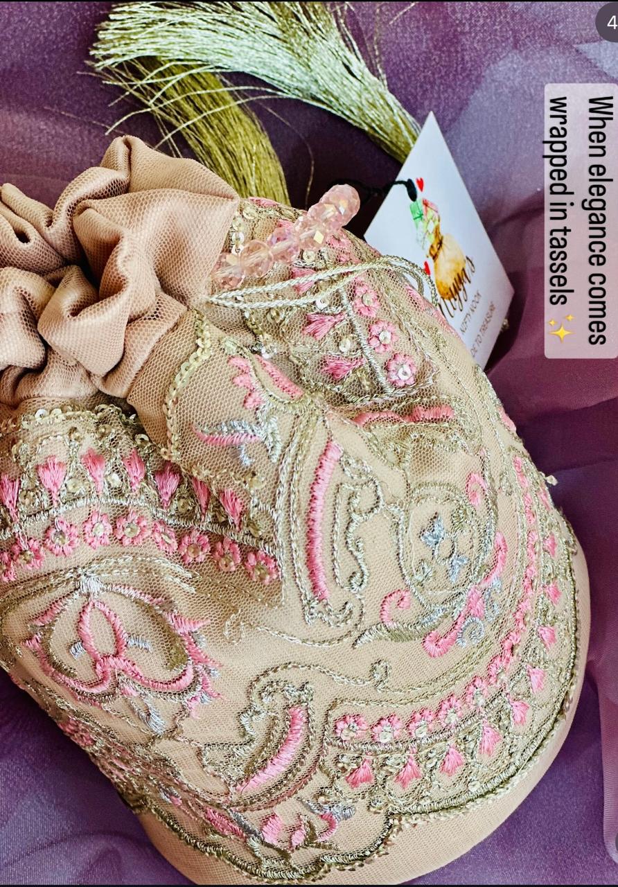 Zohra: Blush Beige Net Potli with Pink Embroidery