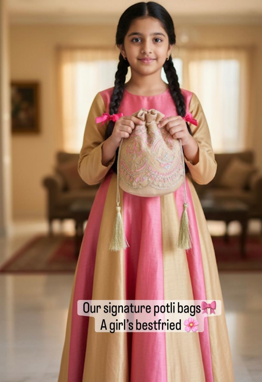 Zohra: Blush Beige Net Potli with Pink Embroidery
